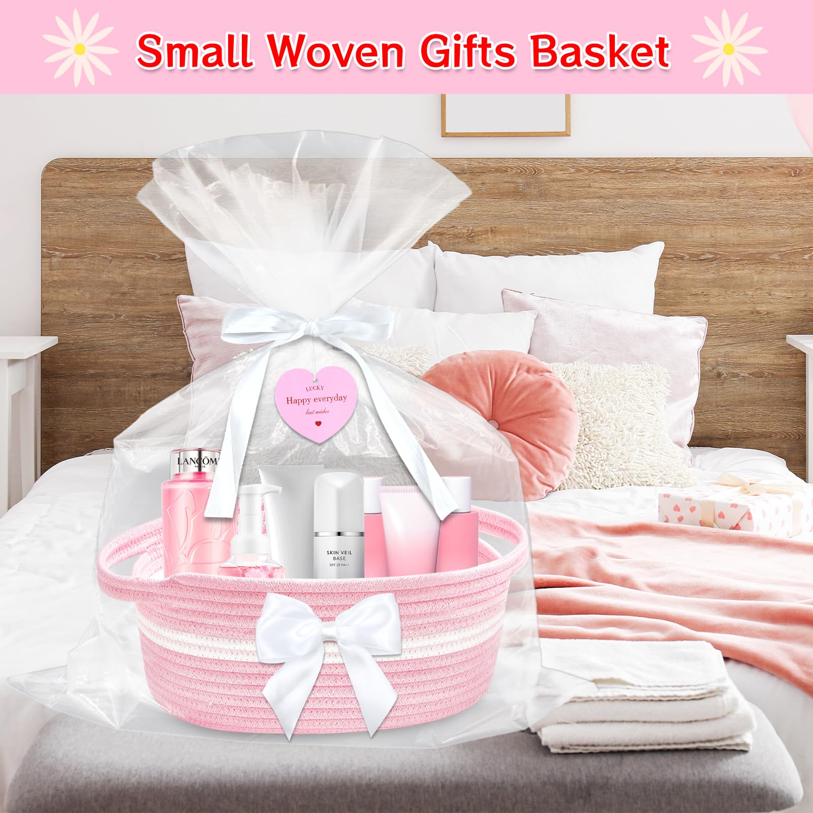 Groodo baby gift basket with pink handles, ready-to-gift packaging