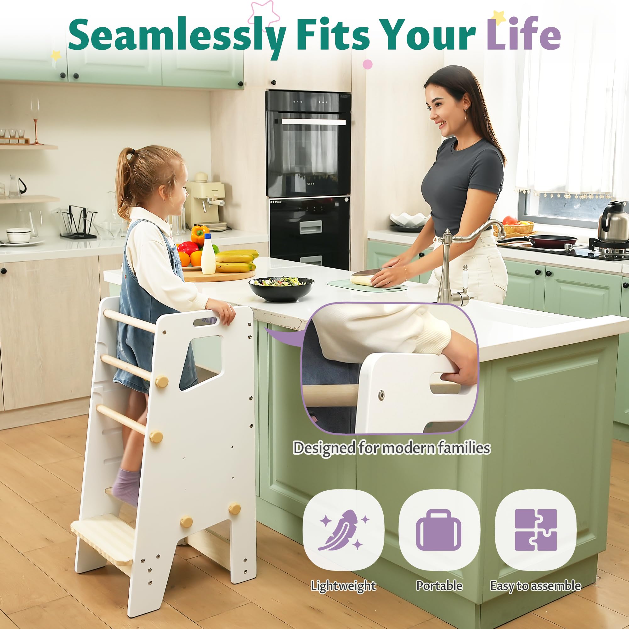 GroowingMind toddler tower used at kitchen counter for helper-style cooking.