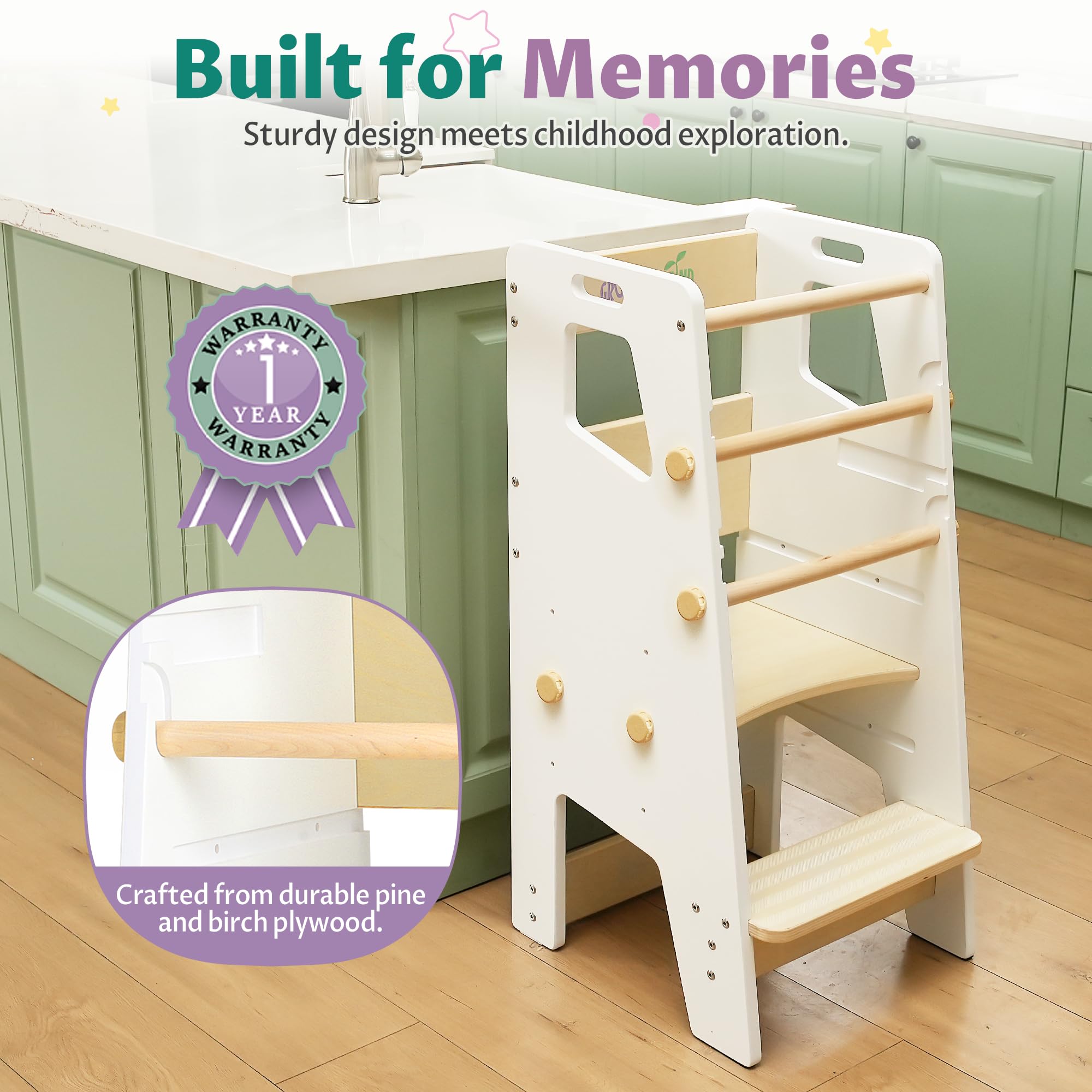 GroowingMind toddler tower safety features anti-slip pads and rounded edges.