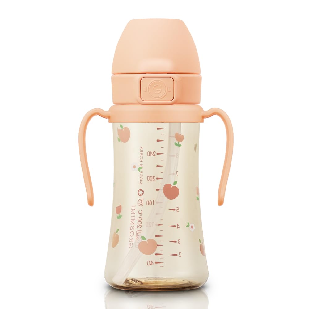 GROSMIMI flip top sippy cup with peach flower design; spill free on the go