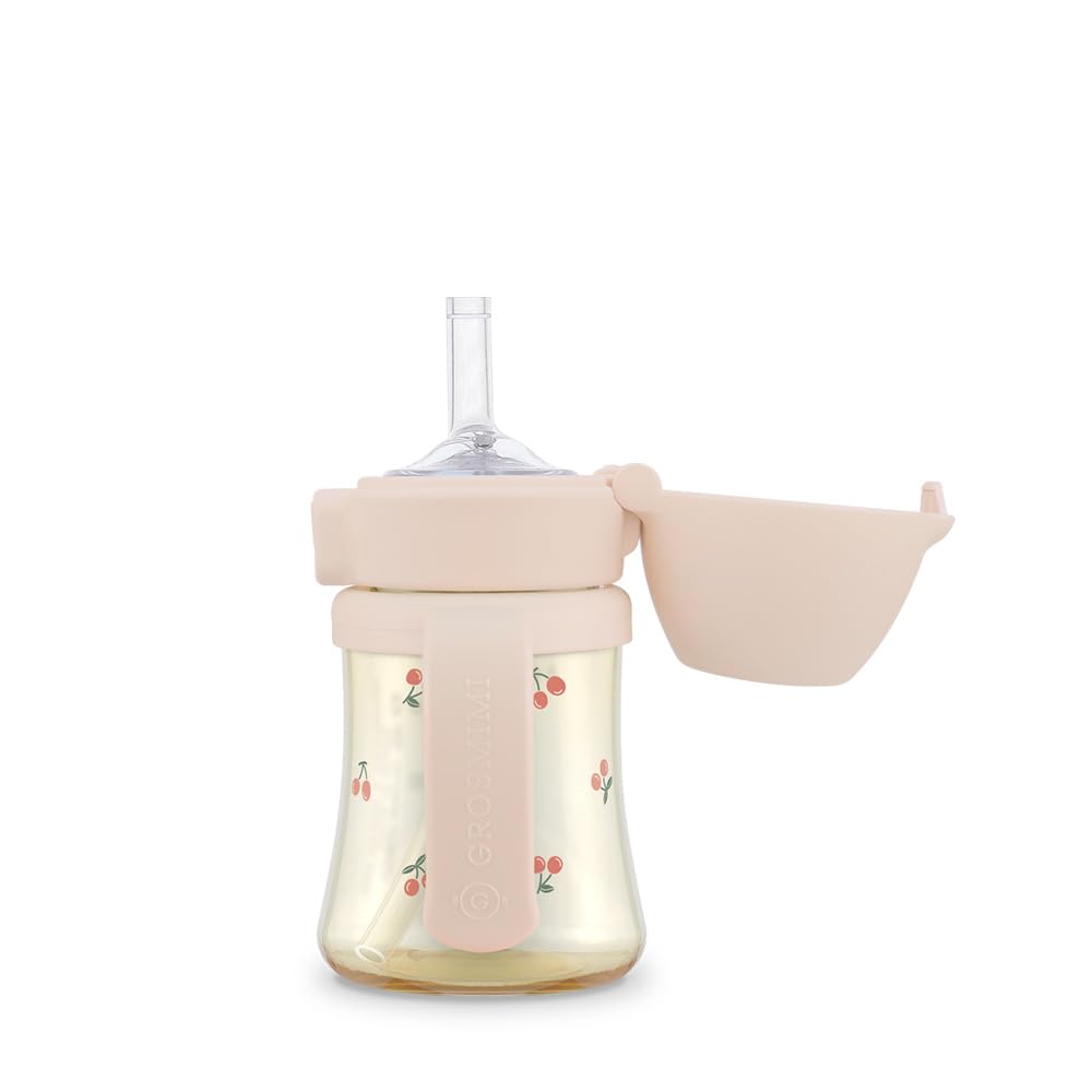 GROSMIMI flip-top spill-proof cup with cherry lid for mess-free travel.
