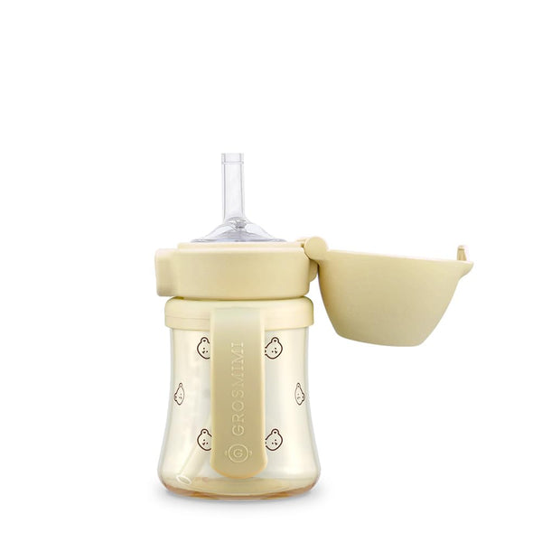 GROSMIMI flip top sippy cup with bear lid preventing spills, ideal for toddlers
