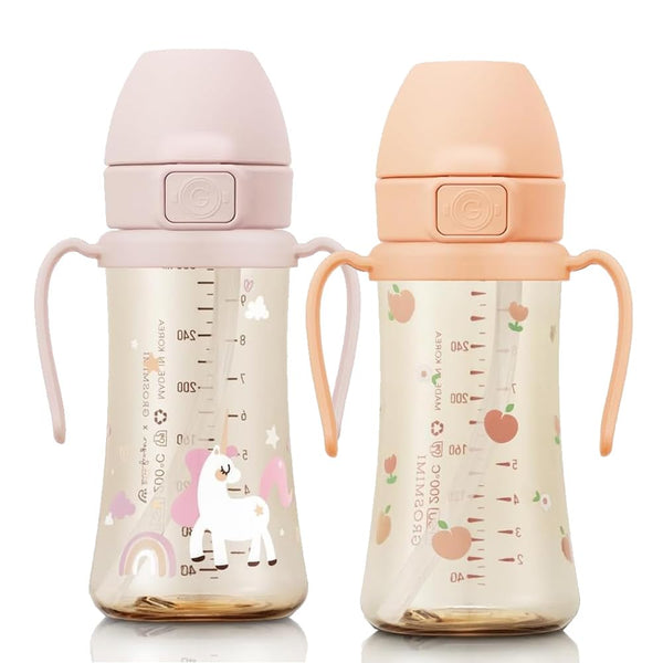 GROSMIMI Flip Top Sippy Cup with peach flower design shows spill-proof on-the-go sipping.