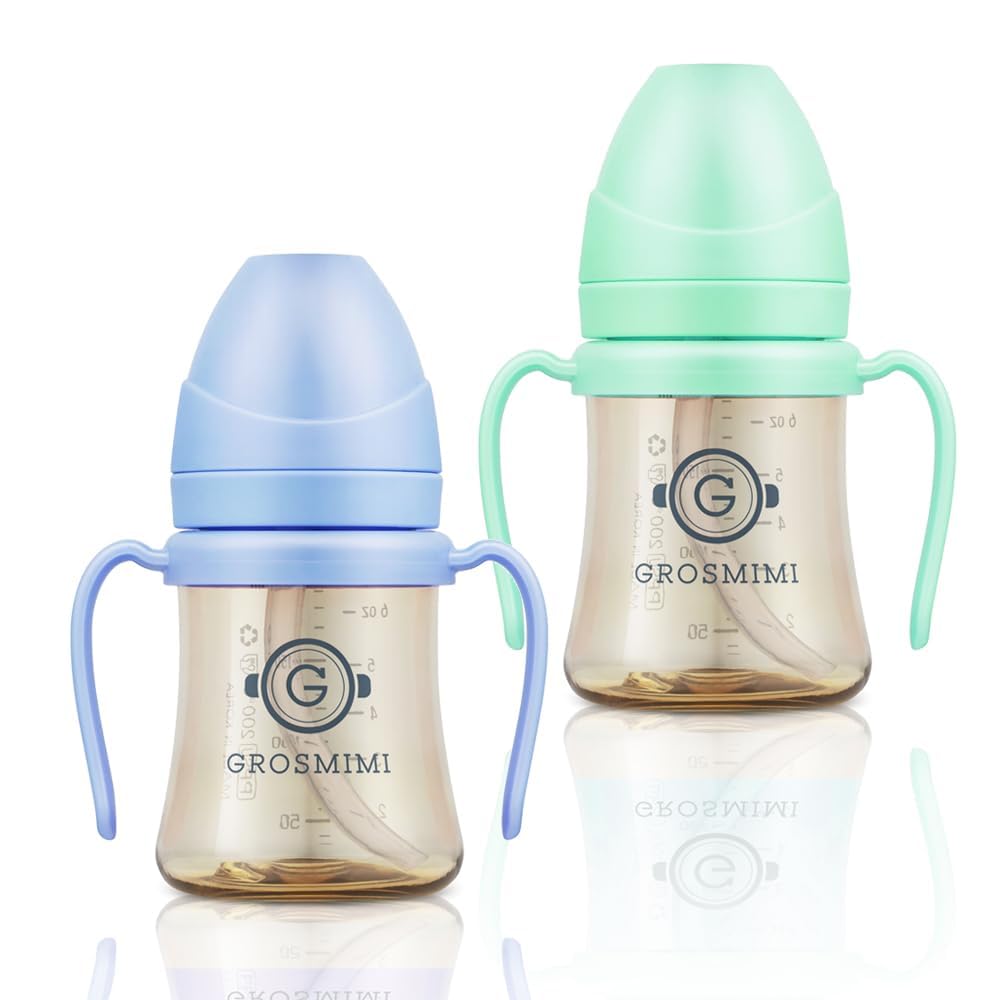 GROSMIMI spill-proof sippy cup with straw and handle in aqua green and sky blue ideal for travel