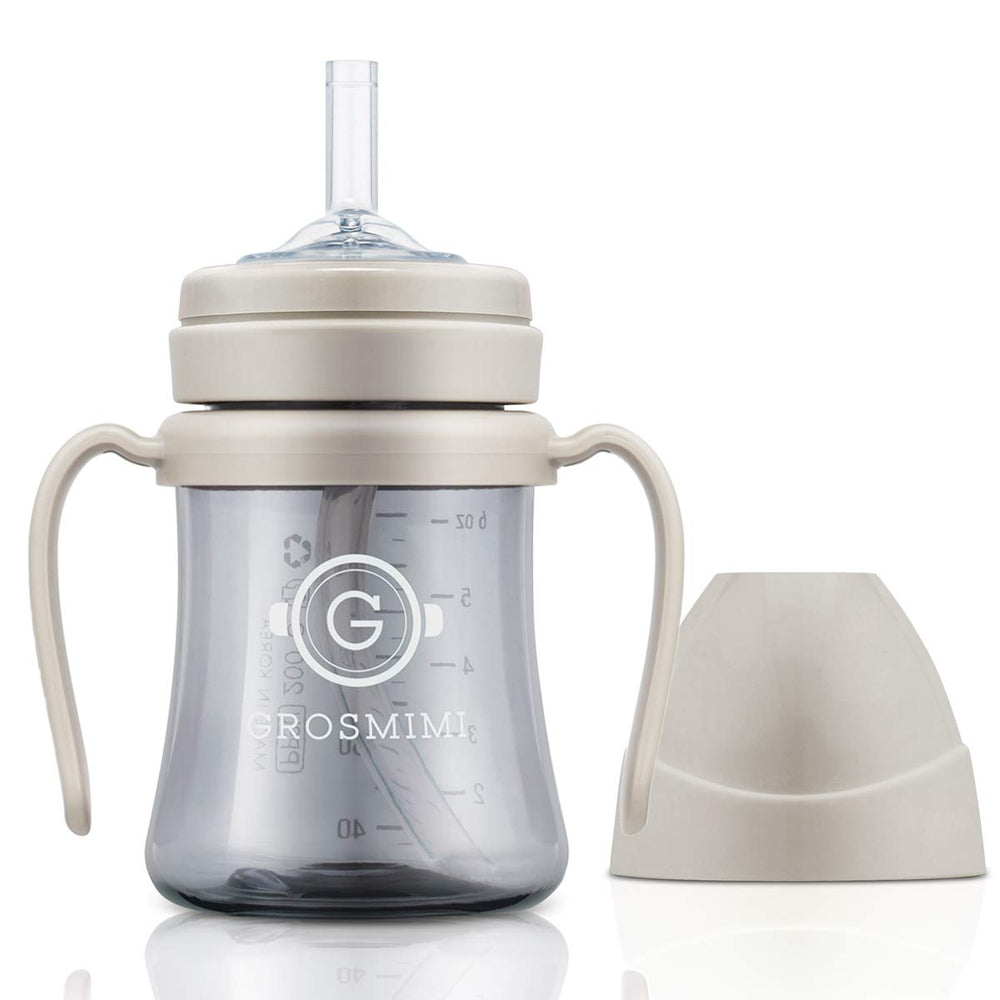 GROSMIMI spill-proof sippy cup beige 6oz for mess-free drinks.