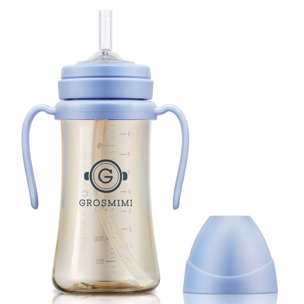 GROSMIMI spill-proof sippy cup in sky blue with leak-free design for mess-free feeding.