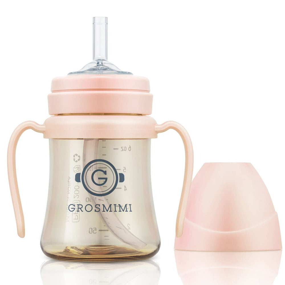 GROSMIMI spill-proof sippy cup with straw and handle in peach color