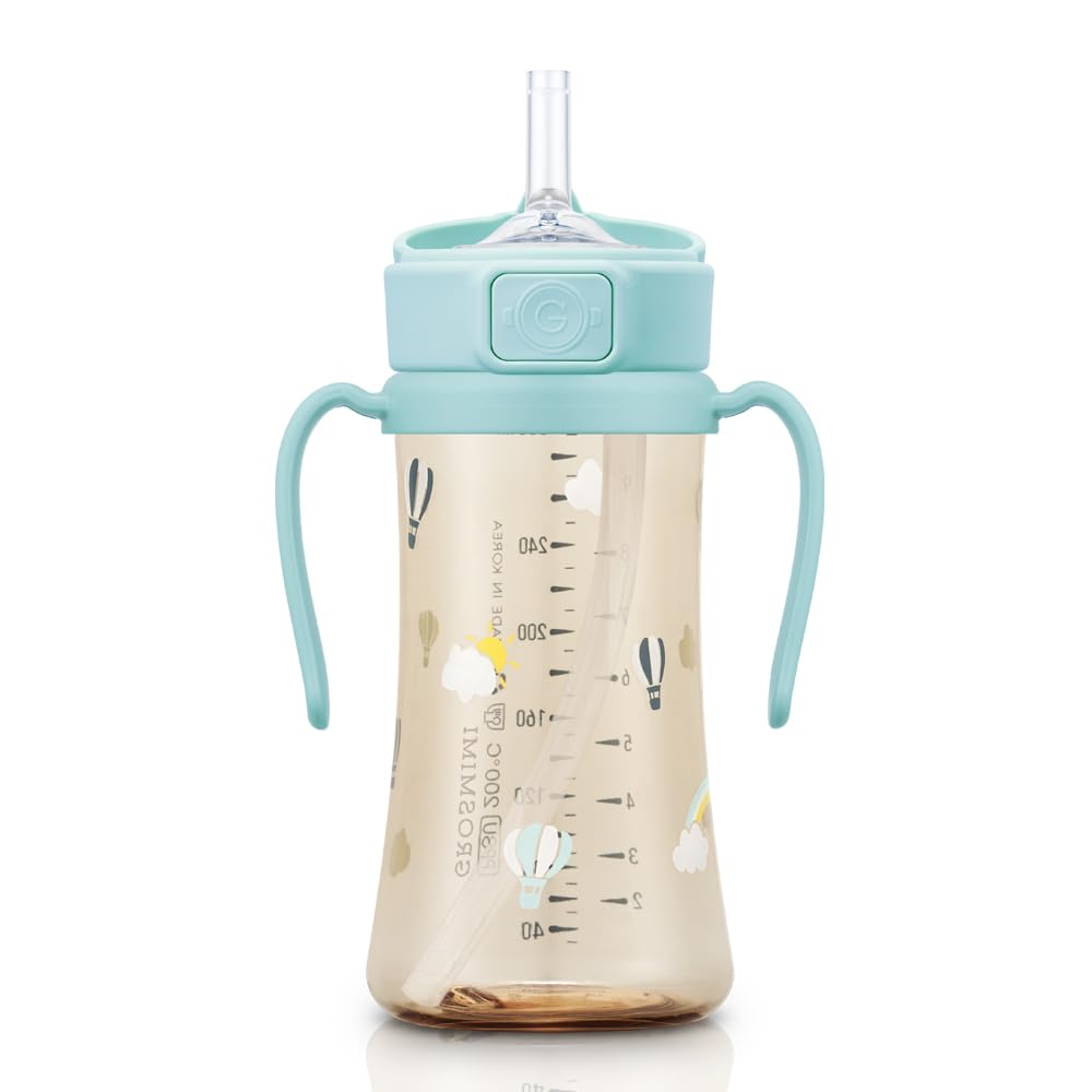 GROSMIMI PPSU BPA-free sippy cup highlights colorful lid and stage 2 straw.