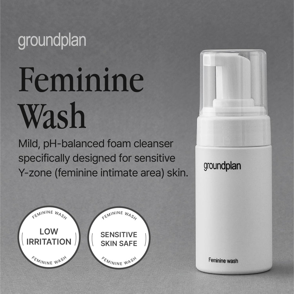 Groundplan Feminine Wash foam closeup highlights a gentle cleansing texture.