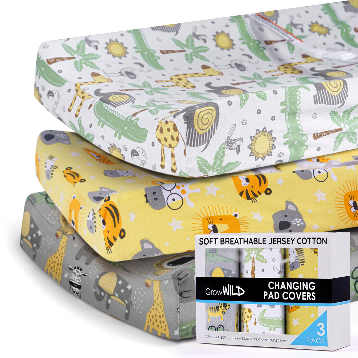 Grow Wild changing pad cover in animals safari pattern fits standard pads for easy nursery styling.