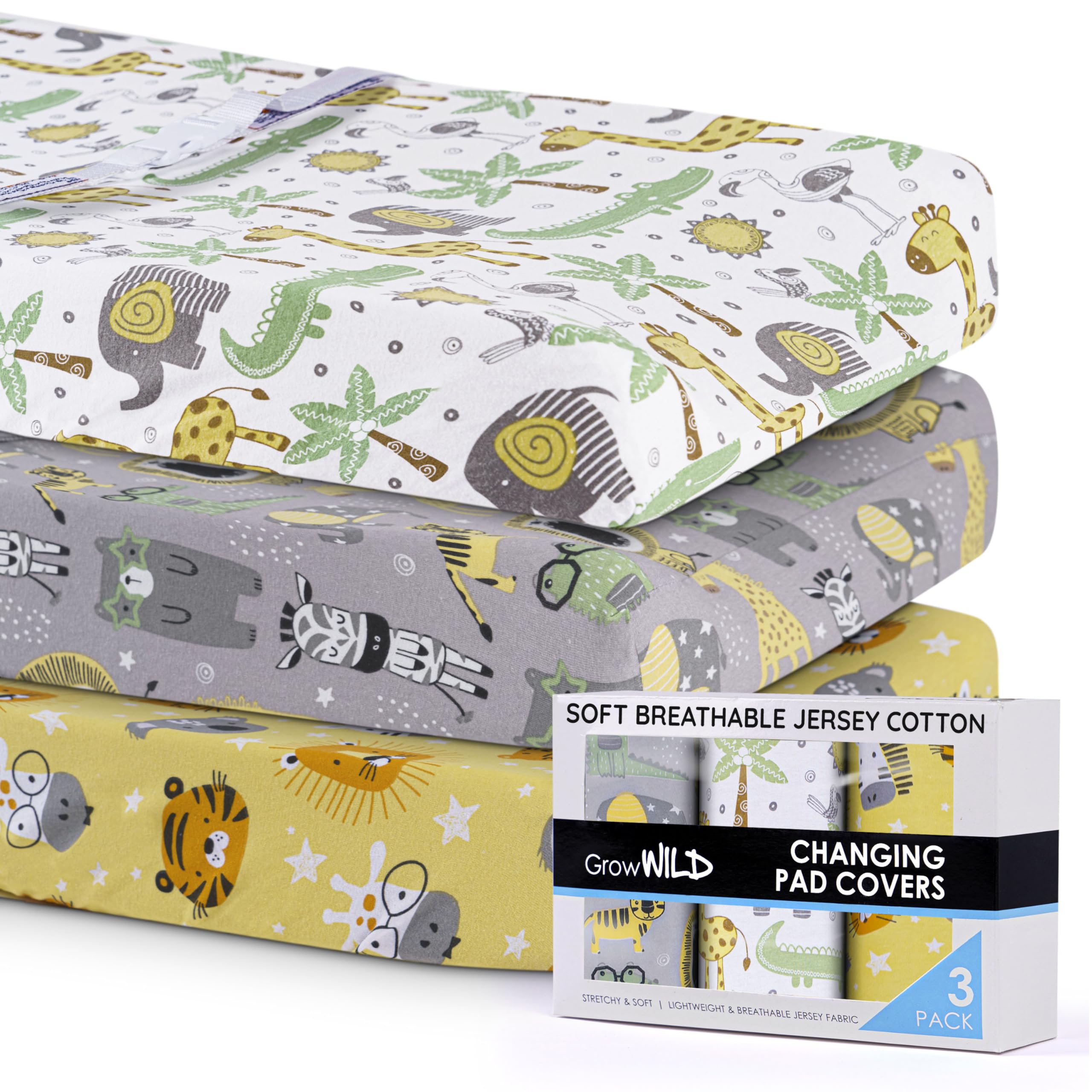 Grow Wild changing pad cover demonstrating snug fit on standard rectangular pads.