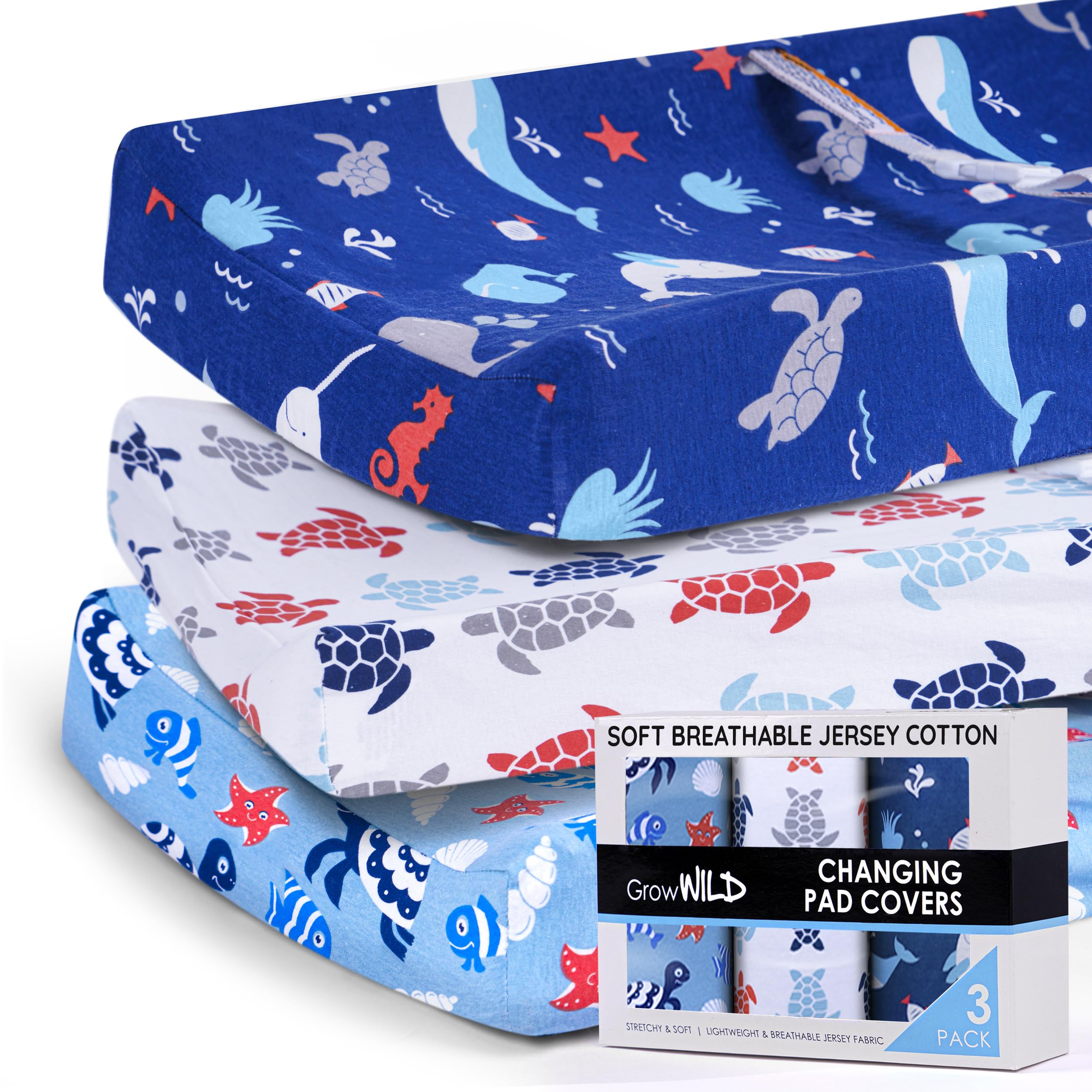 Grow Wild changing pad cover in ocean pattern offers soft, breathable comfort during diaper changes.