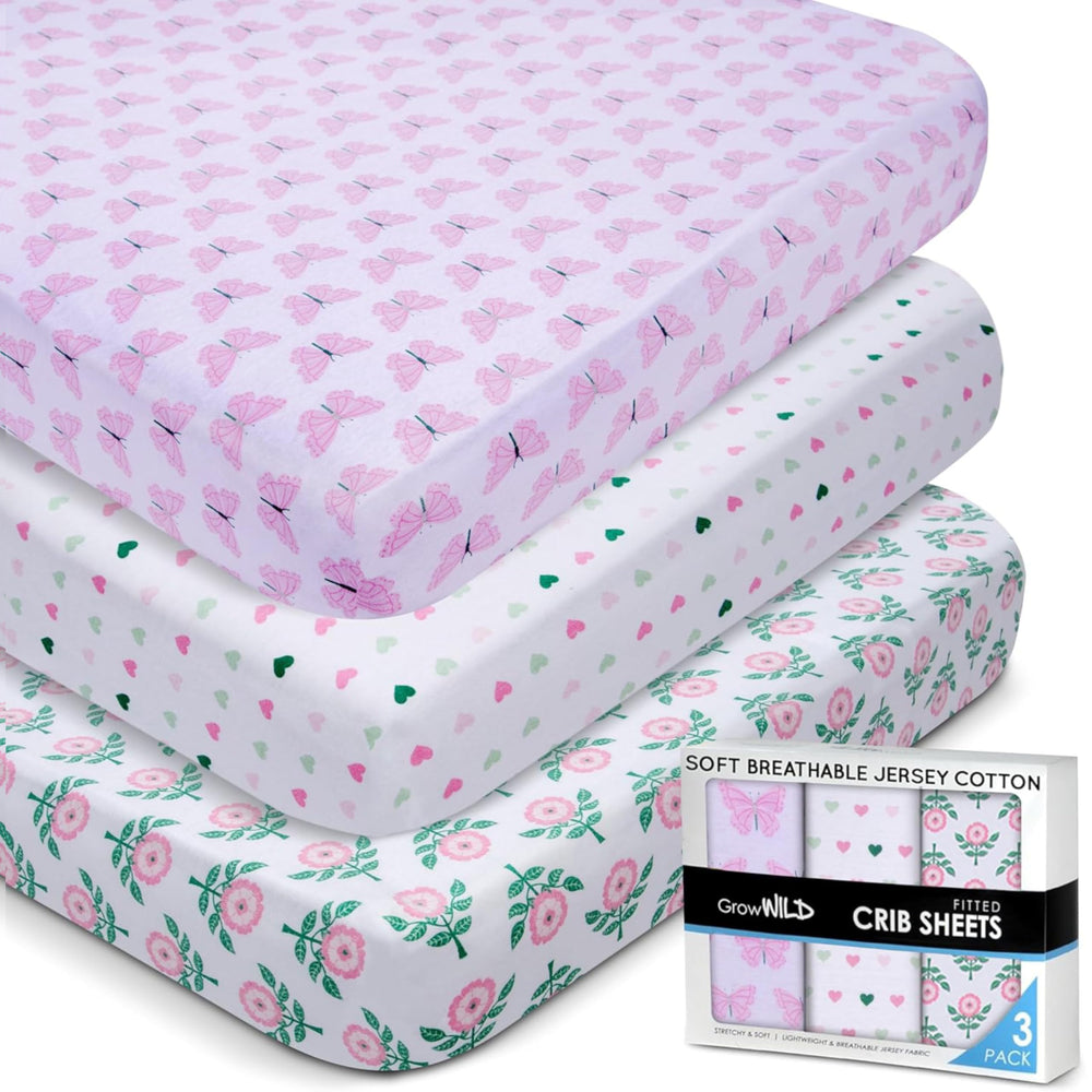 Grow Wild heart-flowers-pattern crib sheets for a cozy, stylish nursery.