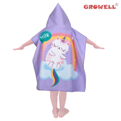 Growell cat-purple hooded towel back view, soft microfiber designed to wrap kids securely