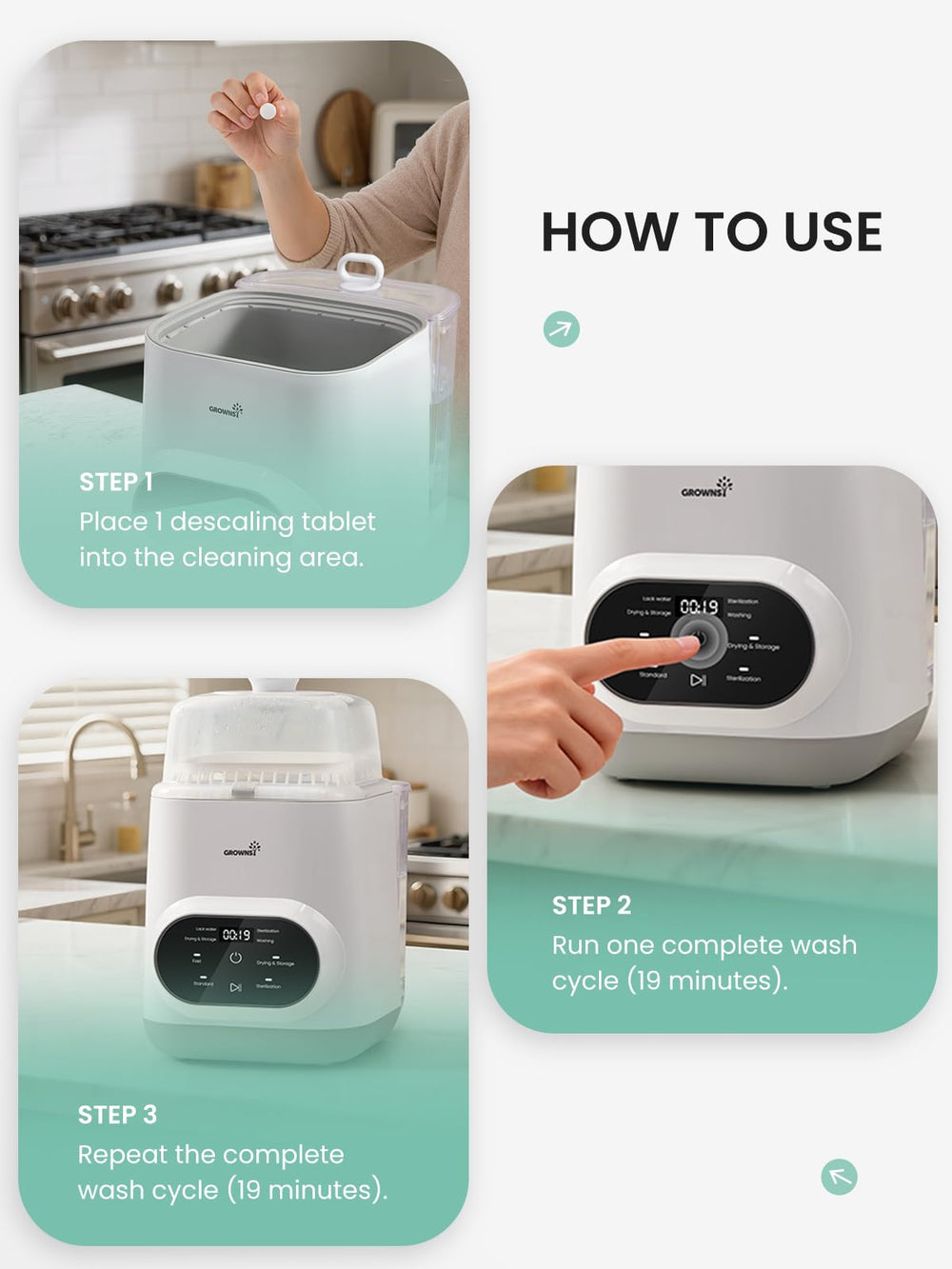 GROWNSY-descaling-every-20-cycles guidance helps maintain peak performance in hard water.