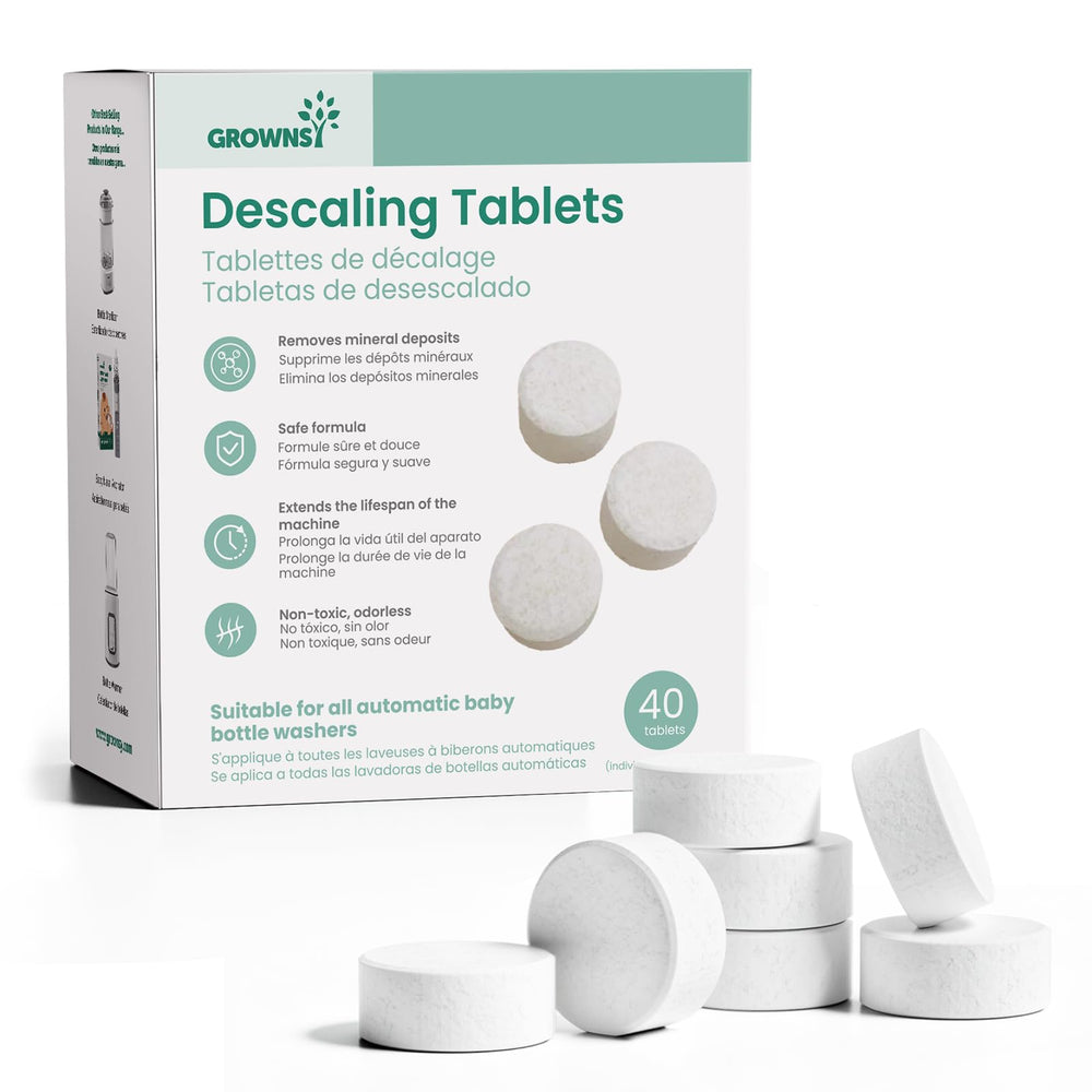 GROWNSY descaling tablet pack front demonstrates easy bottle-washer maintenance.