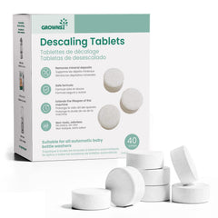GROWNSY descaling tablet pack front demonstrates easy bottle-washer maintenance.