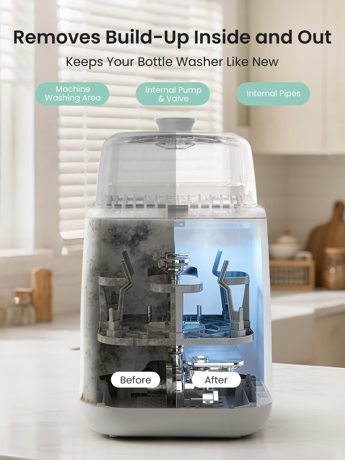 GROWNSY tablet dissolving limescale action shown in water for cleaner bottles.