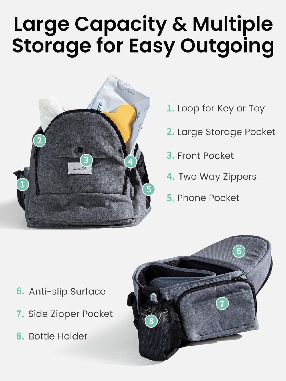 GROWNSY five pocket storage keeps essentials within reach