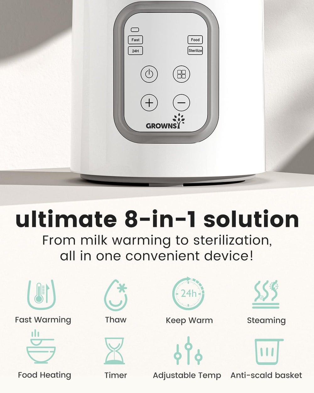 GROWNSY bottle warmer control panel, easy timer and temperature adjustments.