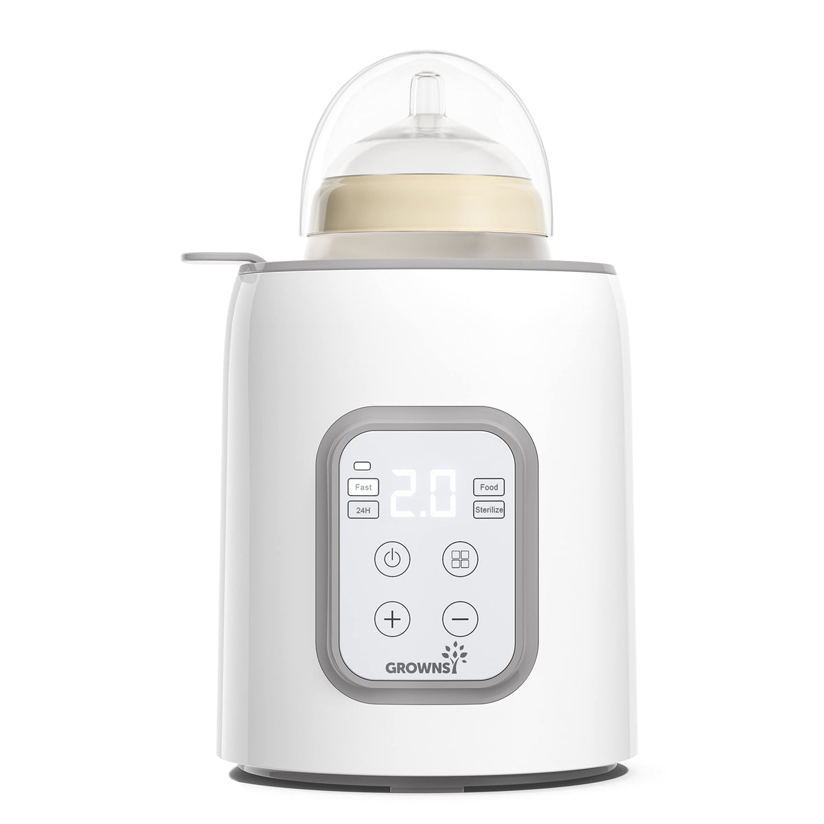 GROWNSY bottle warmer front view, compact bedside helper for night feeds.
