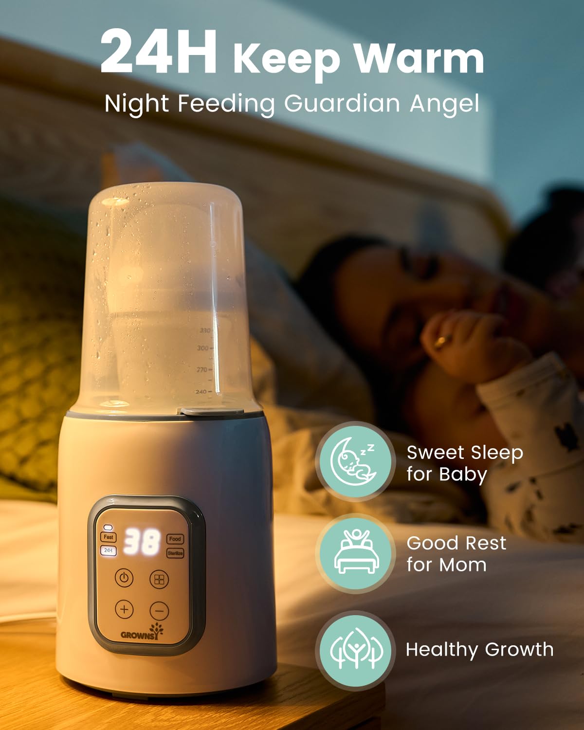 GROWNSY bottle warmer keep-warm mode maintains milk warmth between feeds.