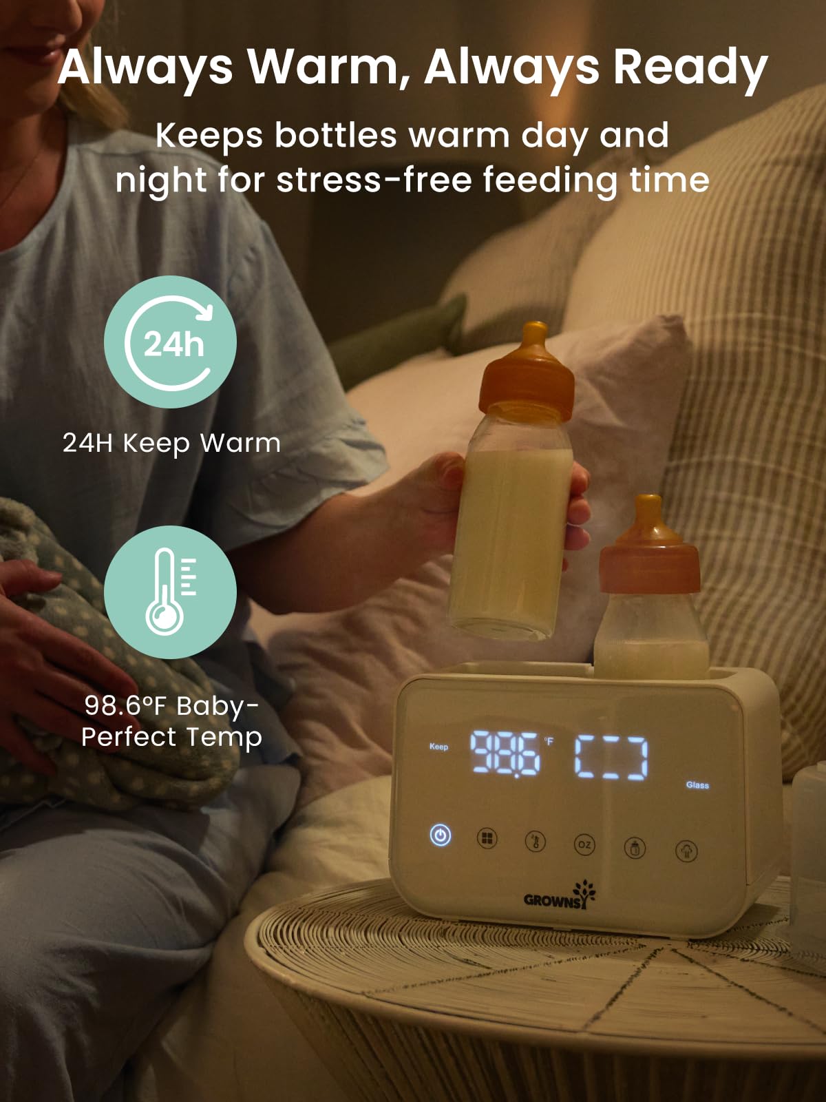 GROWNSY keep-warm feature maintains milk temperature for hours.