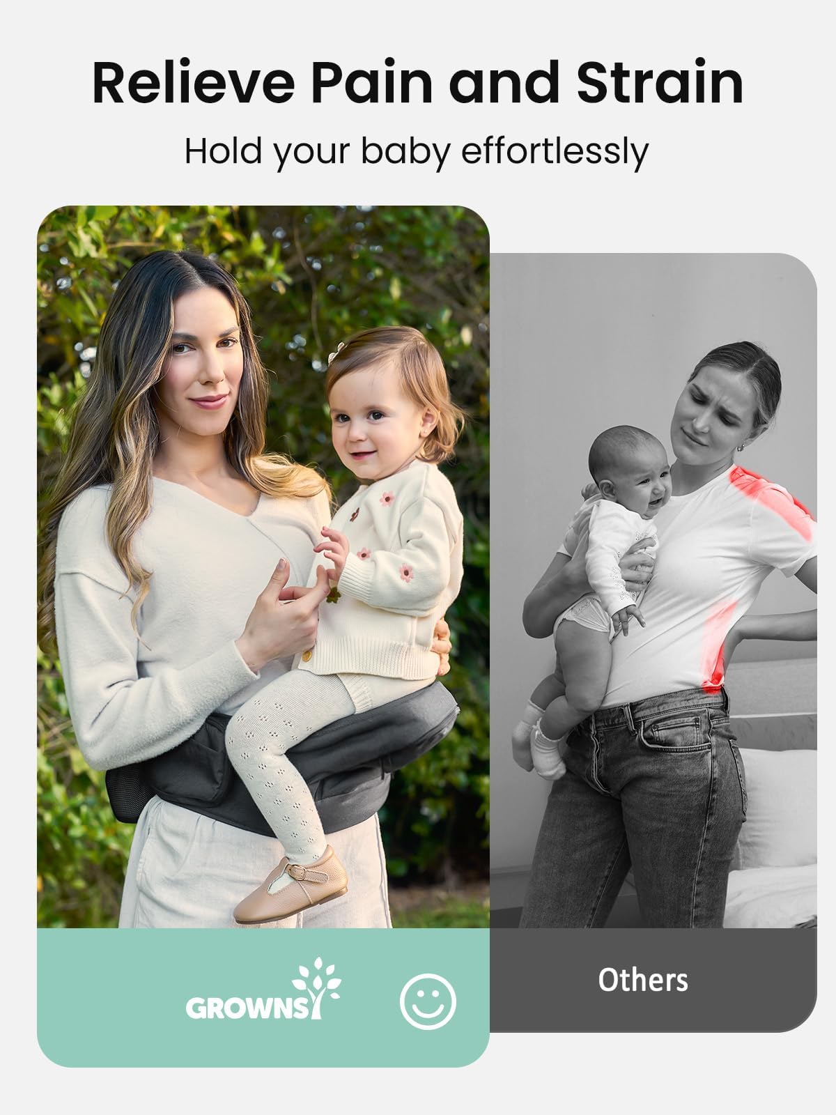 GROWNSY non-slip hip seat maintains stable baby positioning on walks