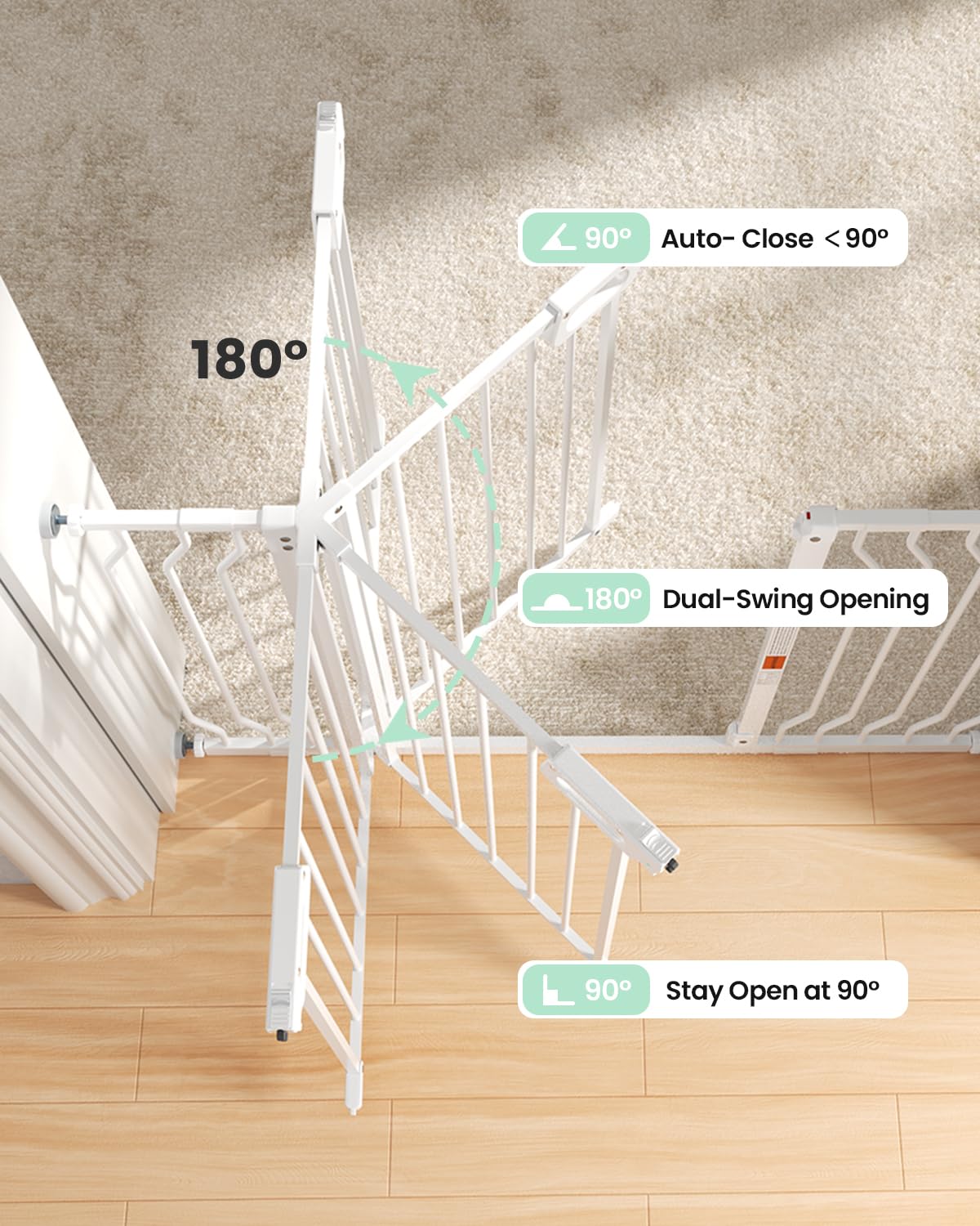 Grownsy Moms Choice gate 180-degree swing highlights safe auto-close action.