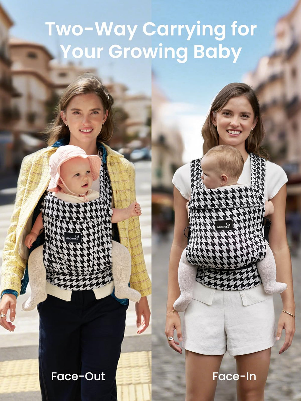 Grownsy baby carrier foldable head support, protecting neck while soothing infants during travel.