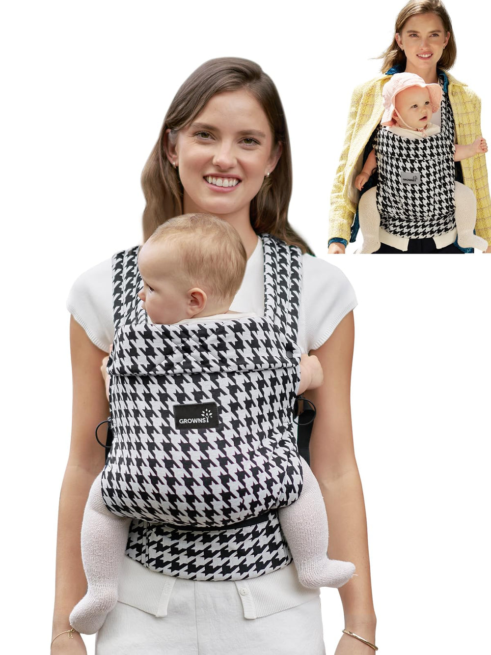 Grownsy baby carrier overview in houndstooth, showcasing stylish design for parent on the go and comfort.