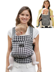 Grownsy baby carrier overview in houndstooth, showcasing stylish design for parent on the go and comfort.