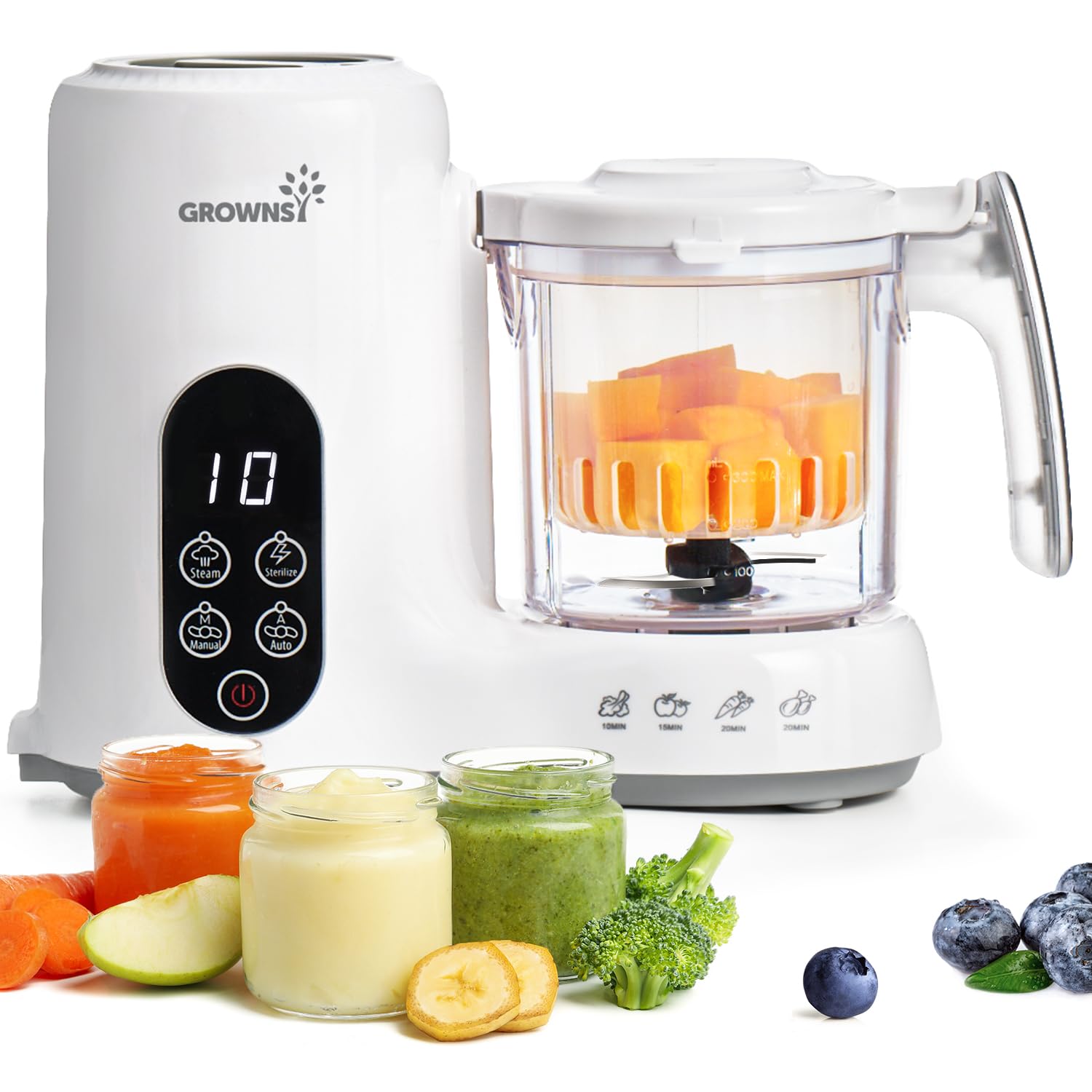 GROWNSY baby food maker with steam basket highlights compact design for gentle steam cooking.