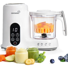 GROWNSY baby food maker with steam basket highlights compact design for gentle steam cooking.