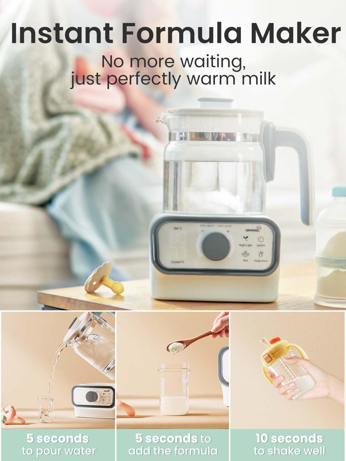Grownsy Instant Warmer LCD display shows precise temperature control for bottles and beverages.