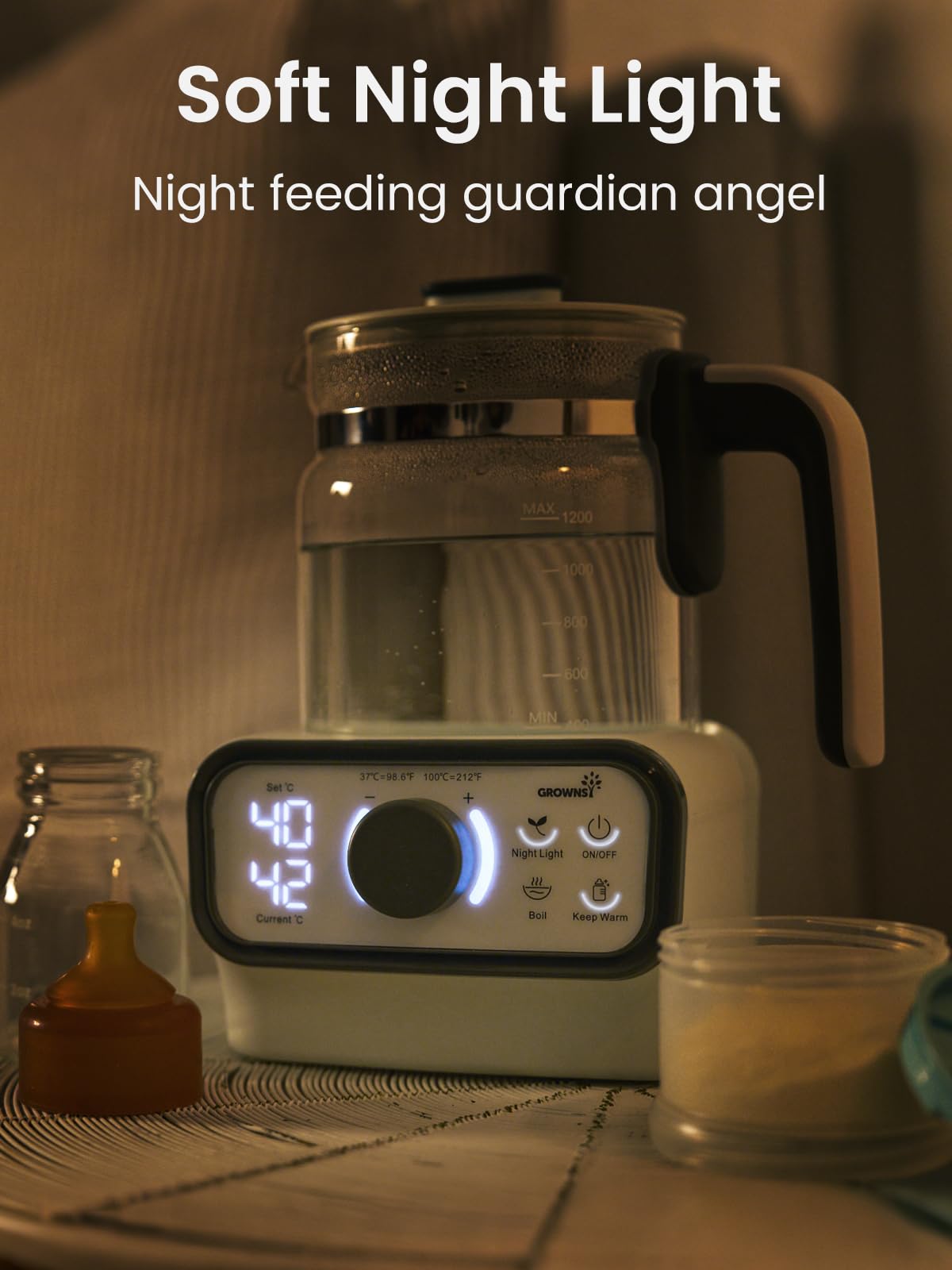 Grownsy 1.2 liter capacity supports family use with ample hot water.