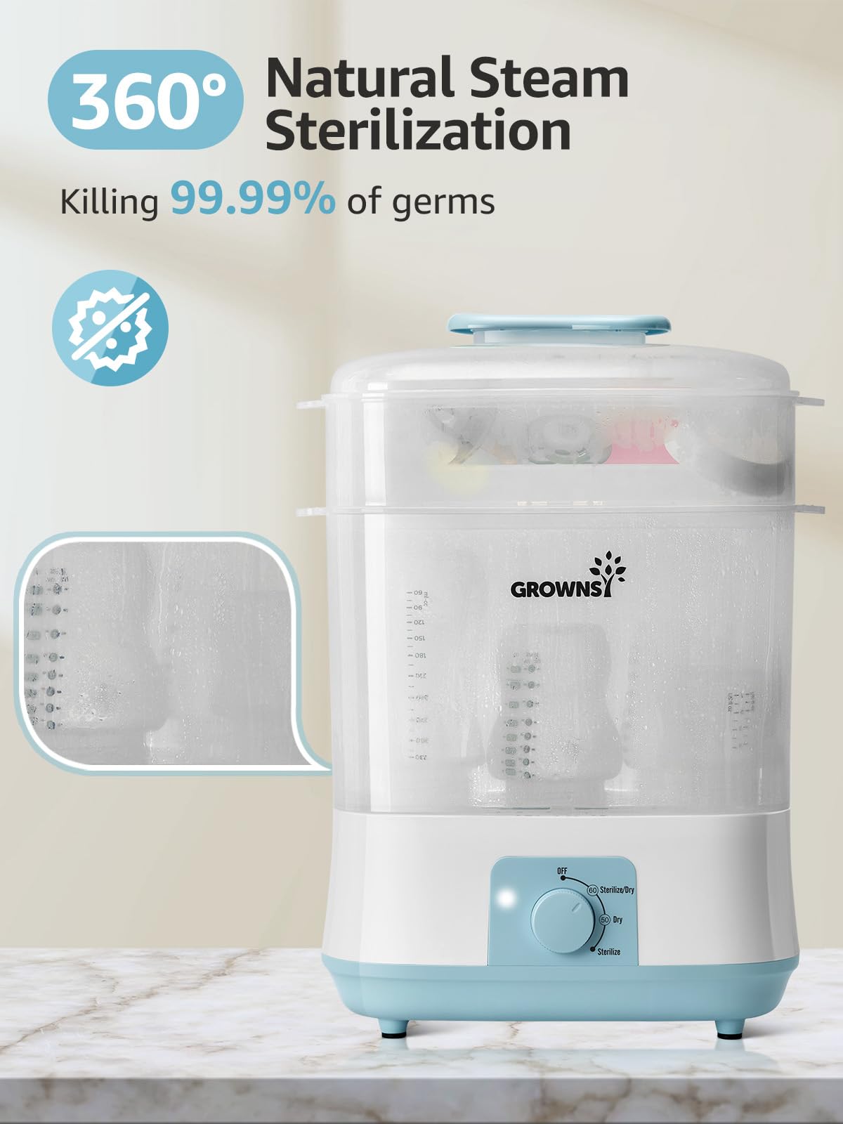 GROWNSY bottle sterilizer with eight-bottle capacity keeps feeding gear clean.