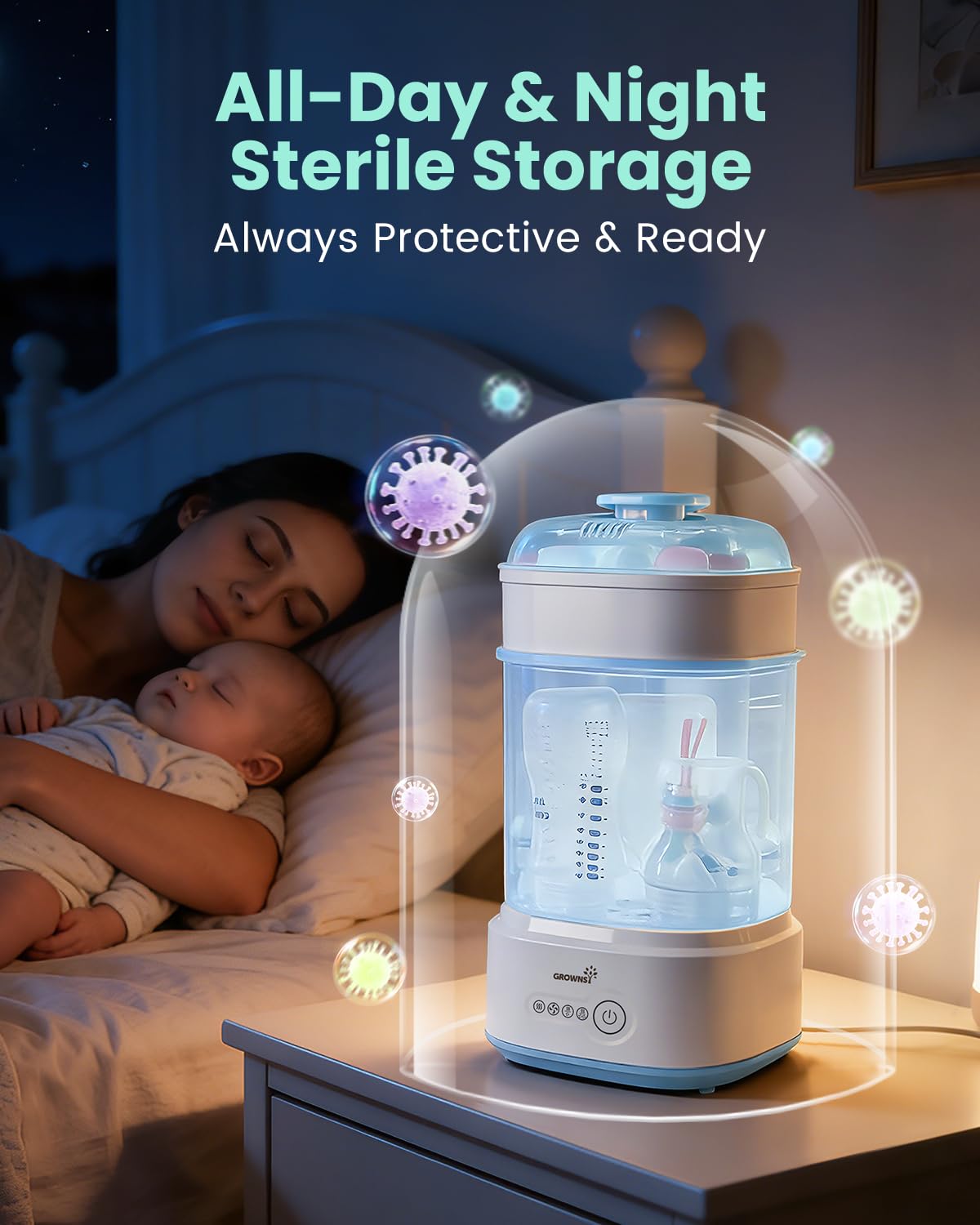 Drying function active in GROWNSY bottle sterilizer blue