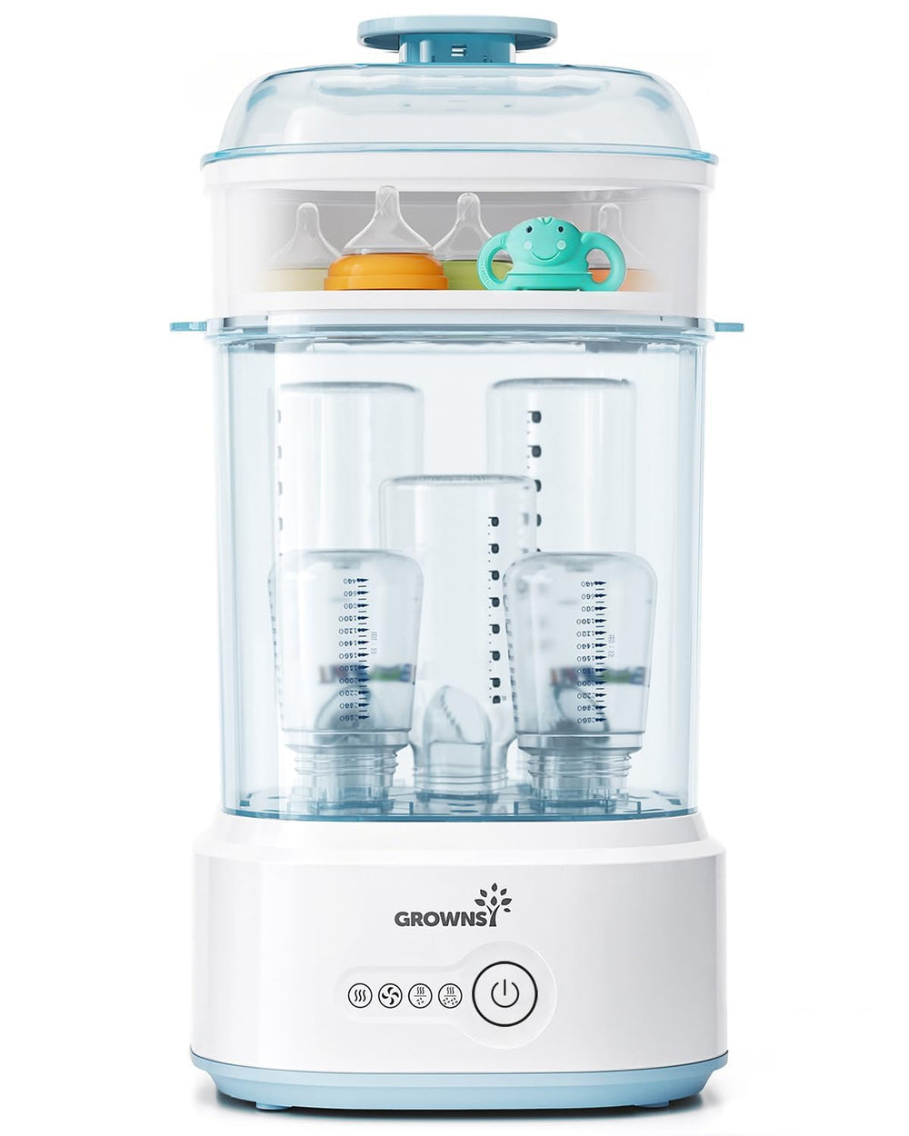GROWNSY blue bottle sterilizer front view showing compact design for daily use