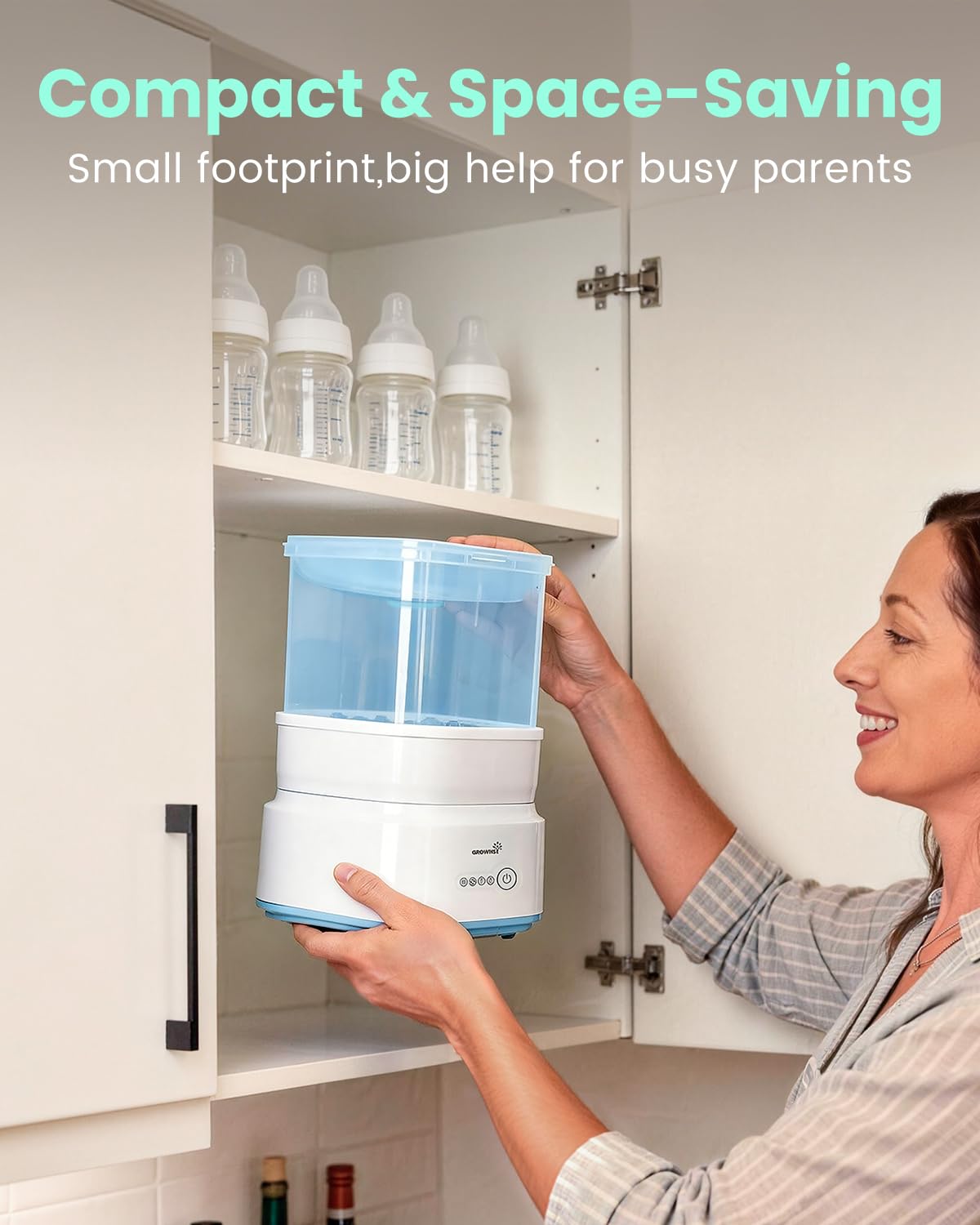 In-use blue GROWNSY sterilizer scene with organized feeding setup