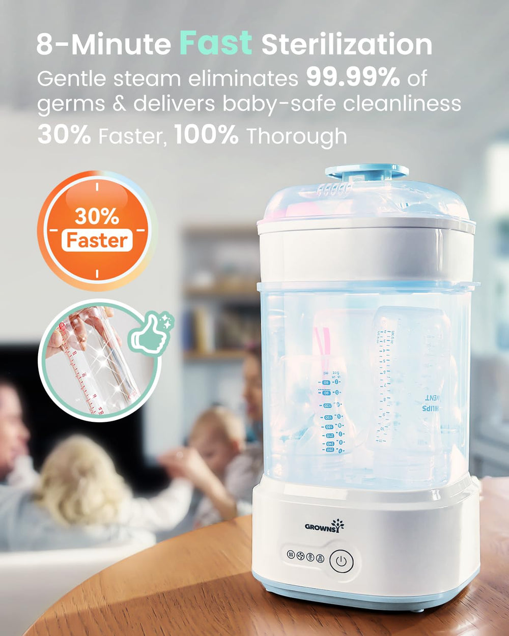 Blue lid closed on compact GROWNSY sterilizer for small spaces