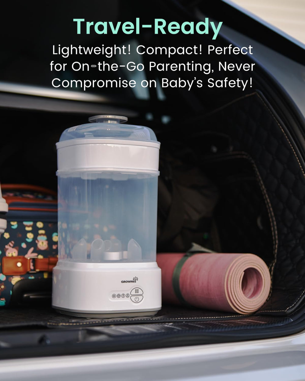 GROWNSY universal-fit design accommodates bottles and pacifiers.