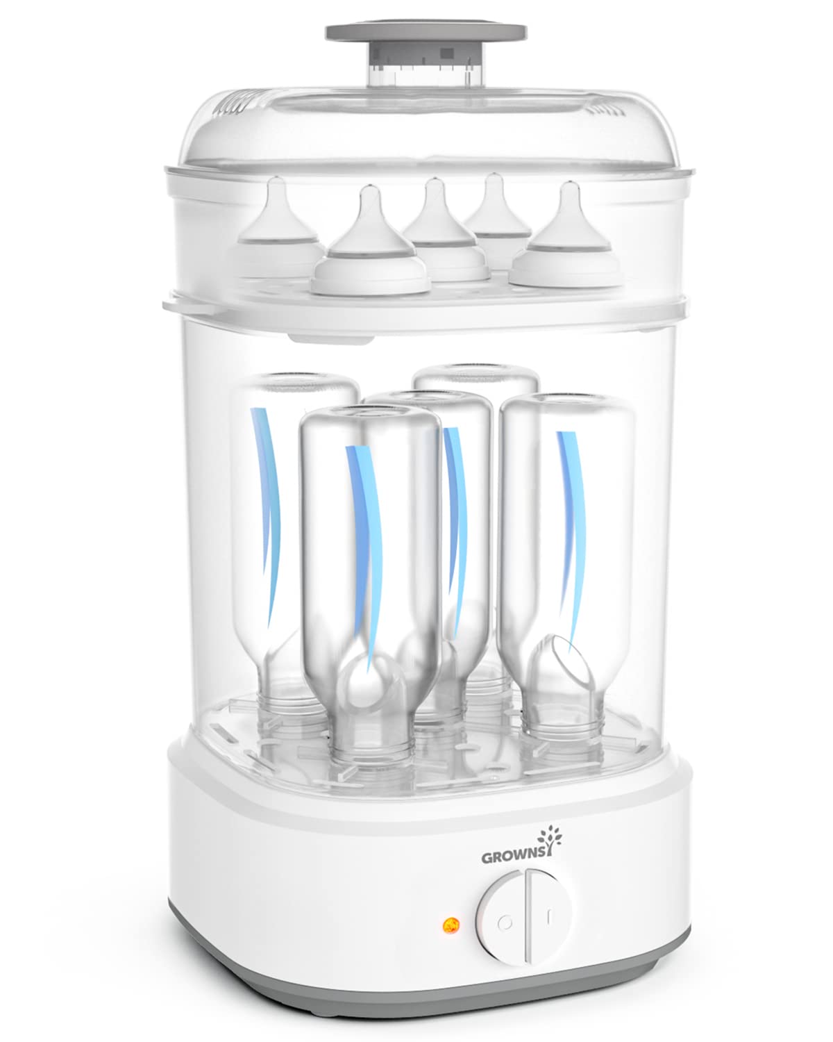 Grownsy bottle sterilizer front view shows compact size for busy kitchens.