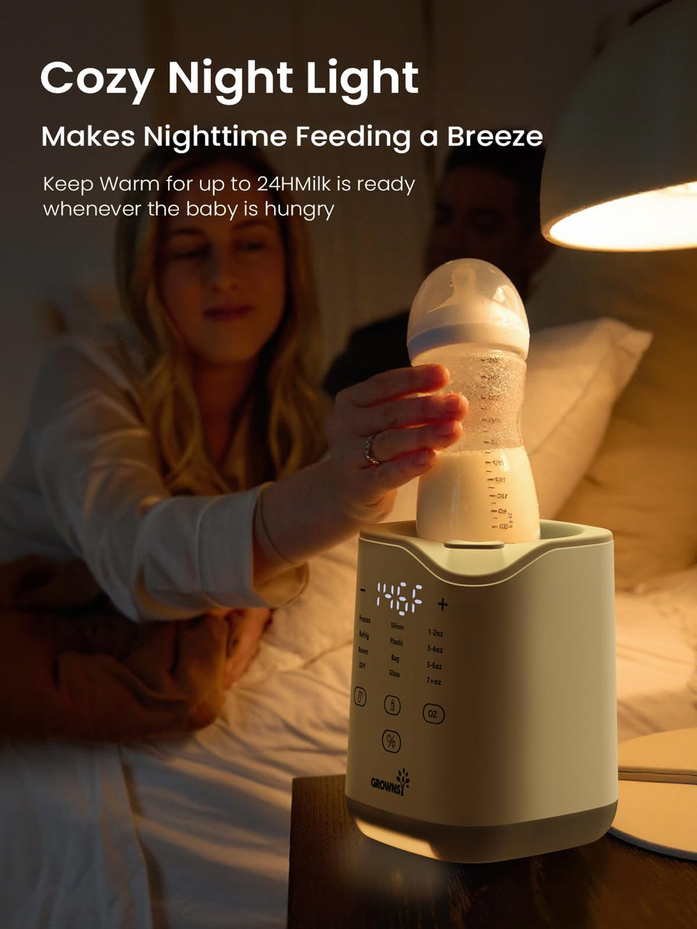 Grownsy bottle warmer keep-warm mode maintains gentle warmth