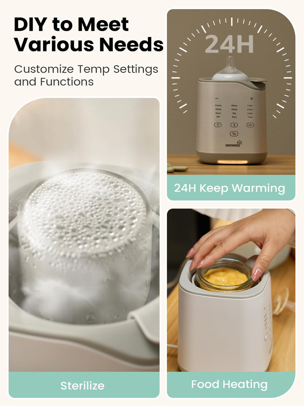 Grownsy bottle warmer timer for scheduled feeding