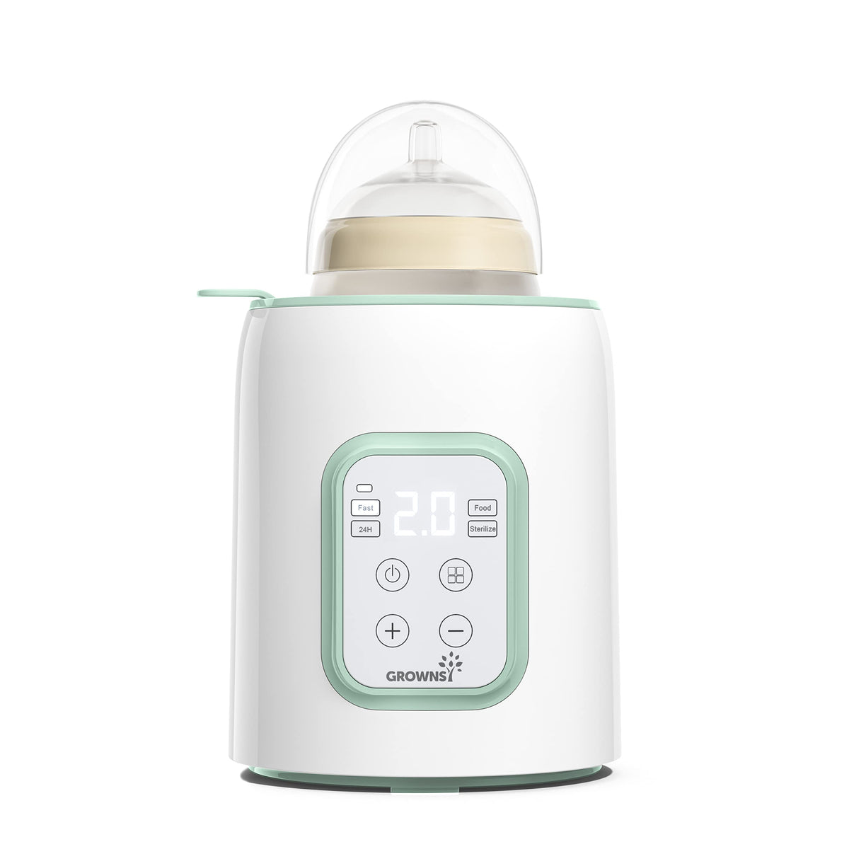 Grownsy bottle warmer front view, compact design for night feeds