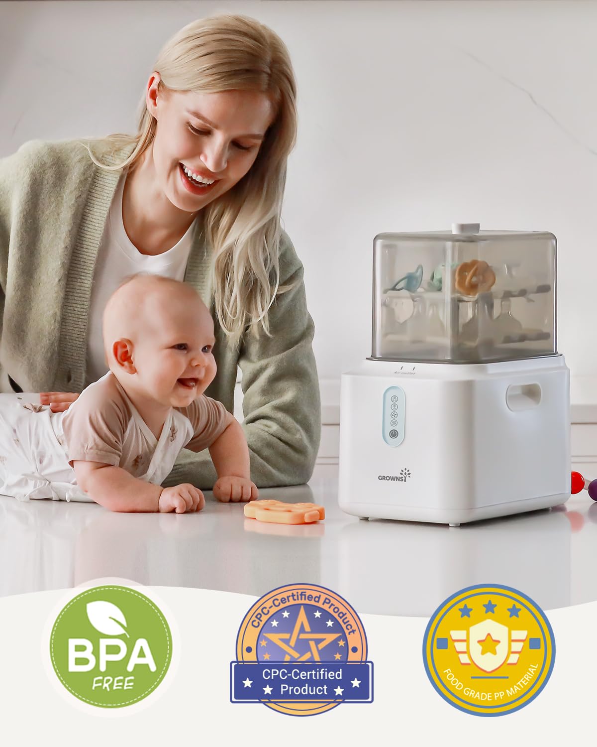 Grownsy breast pump parts and baby items fit inside.
