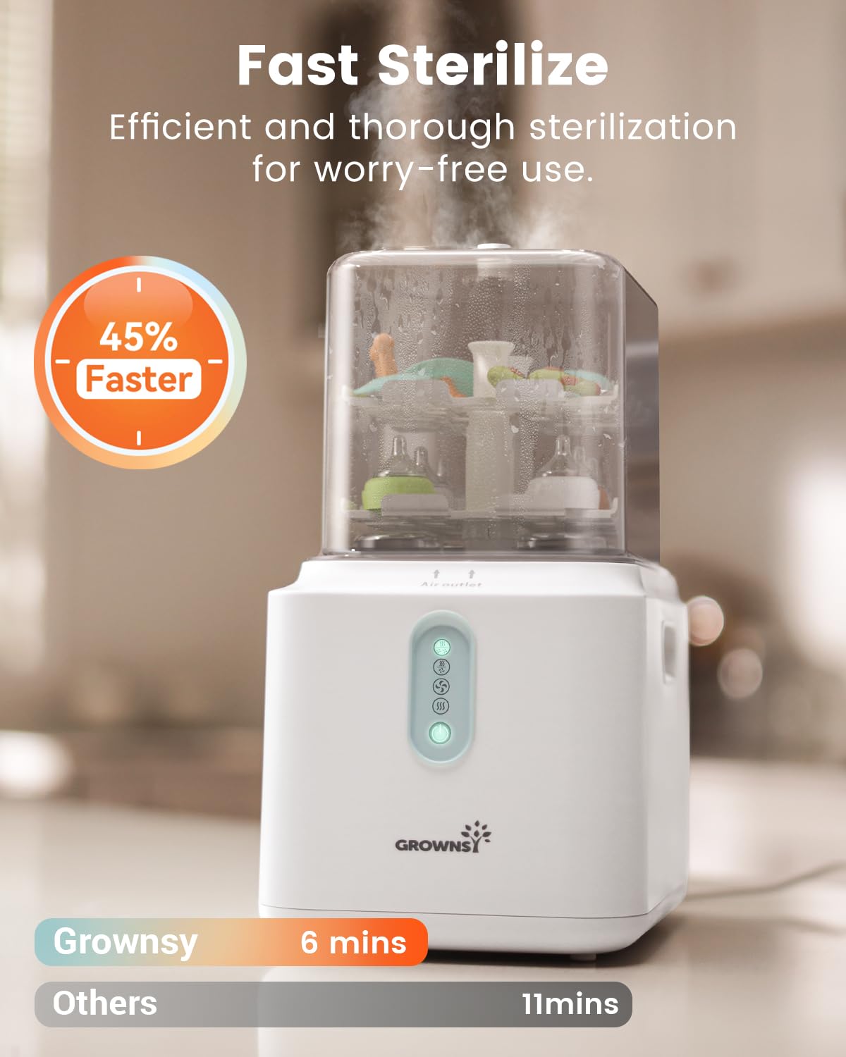 Grownsy capacity bottle sterilizer holds 6 to 12 bottles and parts.
