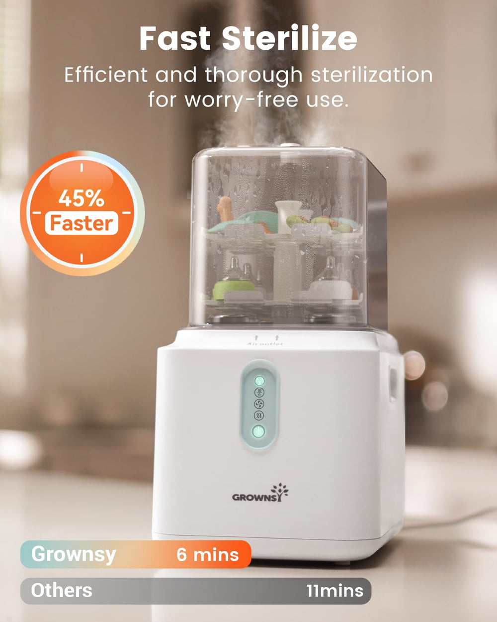 Grownsy capacity bottle sterilizer holds 6 to 12 bottles and parts.