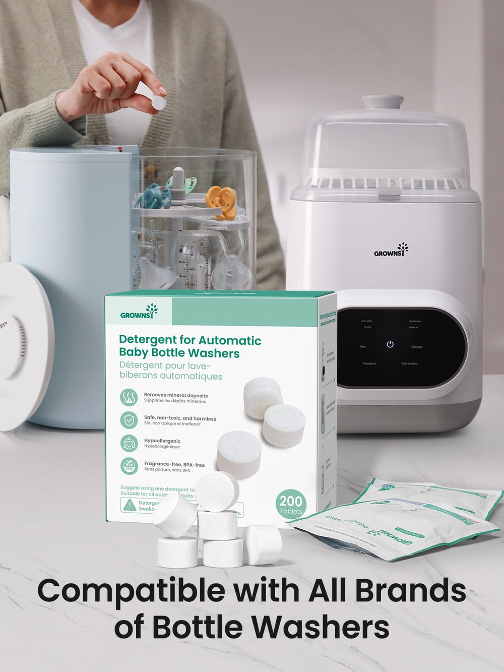Grownsy clean baby bottles and pump parts safely with enzyme formula.